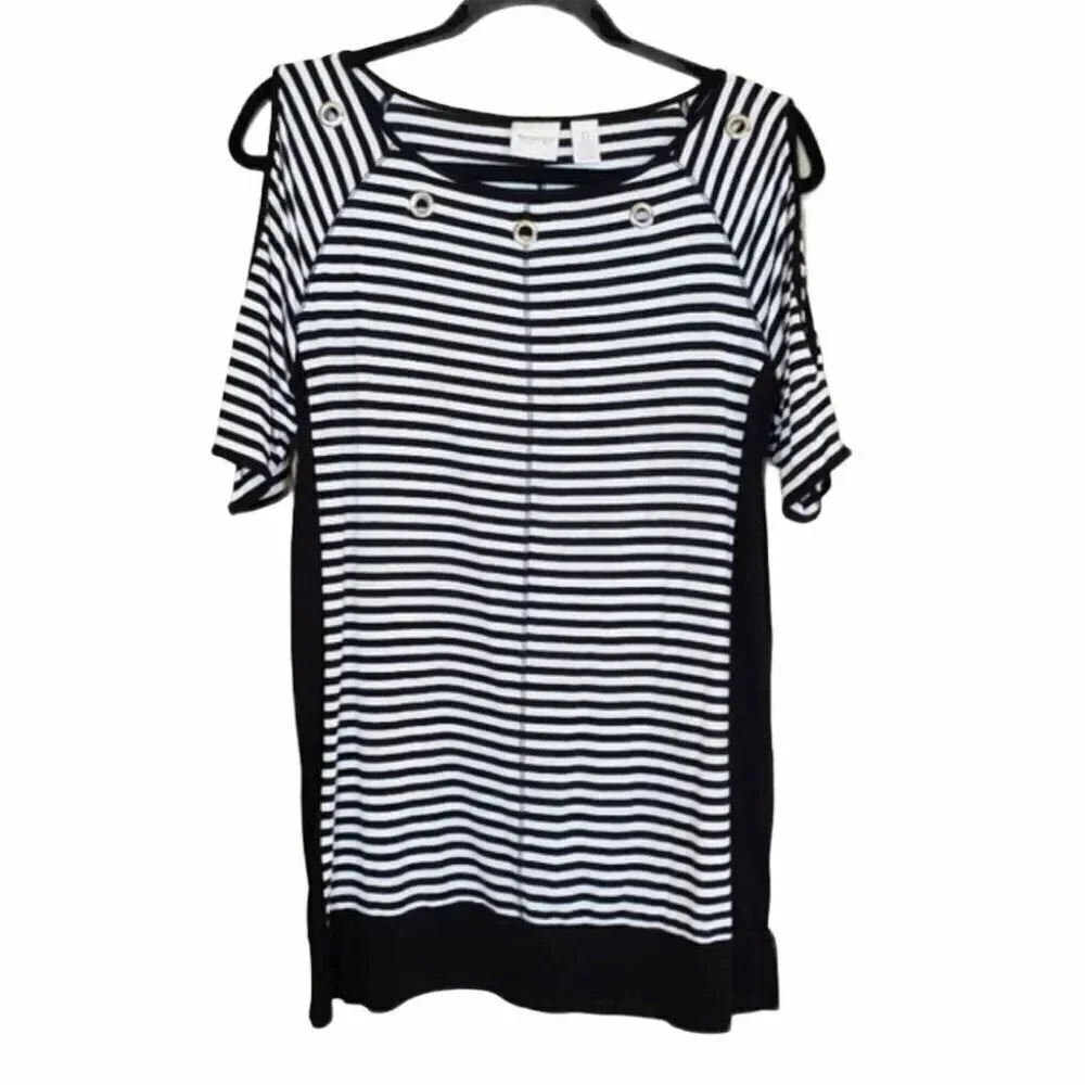 Zenergy by Chico's Top Size 0 Black White Striped Cold Shoulder Grommet Knit